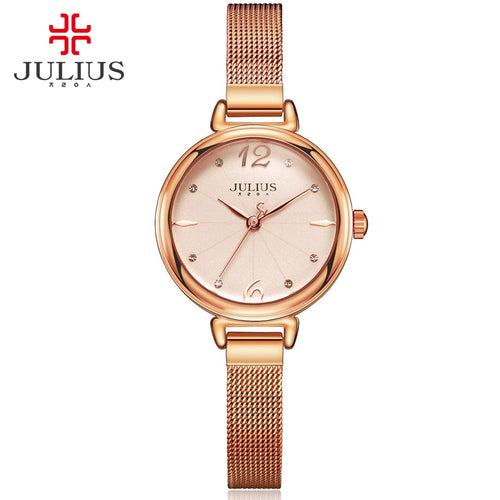 JULIUS Brand Ladies Rose Gold Watch Round Dial Full Steel Mesh Band Japan Quartz Dress Watch Women Waterproof Gift Clock JA-934