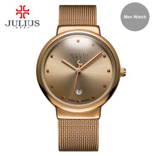 Load image into Gallery viewer, JULIUS JA-426 Men's Silver Gold Brown Black Mesh Stainless Steel Quartz Analog Diamante Dial Fashion Casual Waterproof Watch