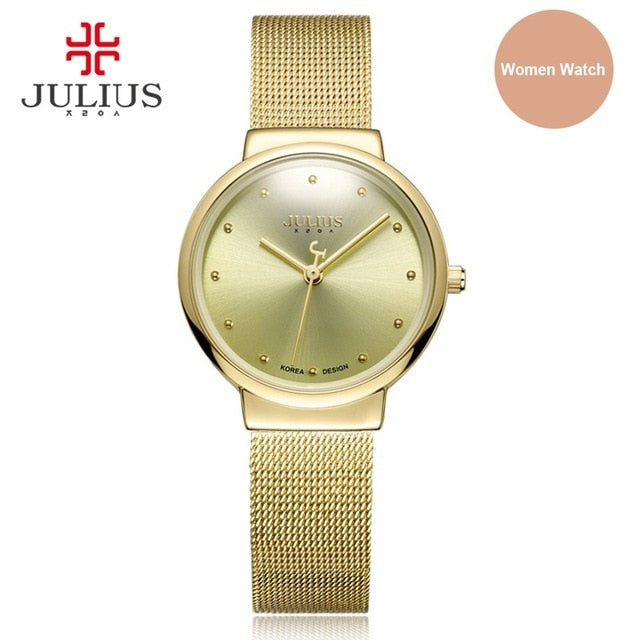 JULIUS JA-426 Men's Silver Gold Brown Black Mesh Stainless Steel Quartz Analog Diamante Dial Fashion Casual Waterproof Watch