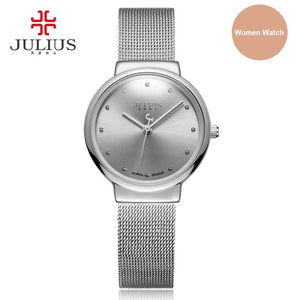 JULIUS JA-426 Men's Silver Gold Brown Black Mesh Stainless Steel Quartz Analog Diamante Dial Fashion Casual Waterproof Watch
